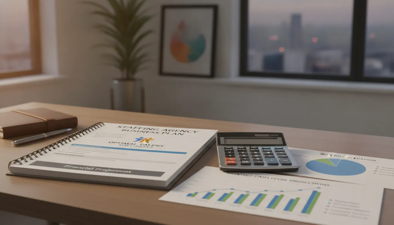 Staffing agency cash flow projections and financial documents on a desk with calculator and charts