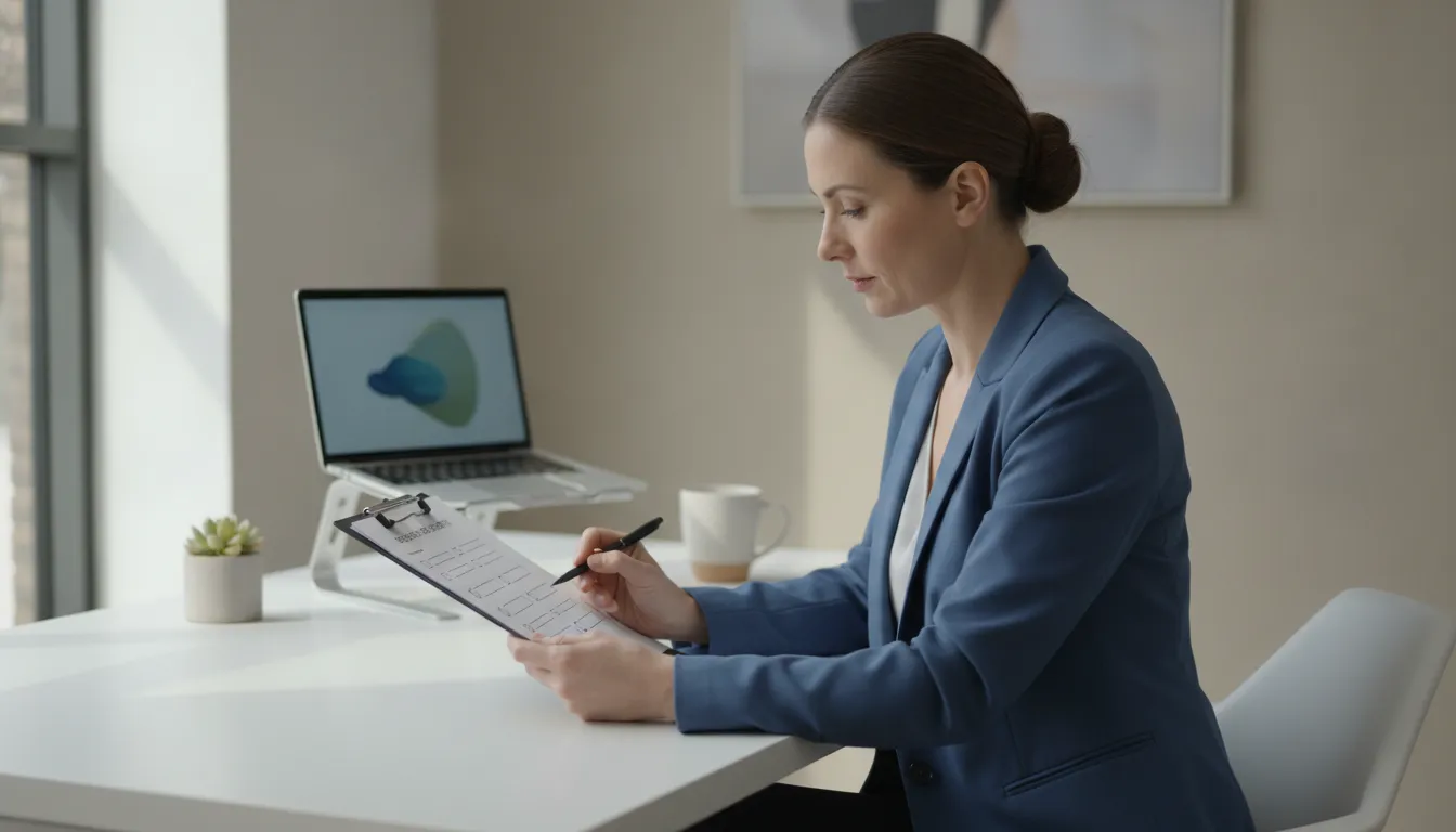 Staffing agency recruiter reviewing a checklist on a clipboard at a modern desk