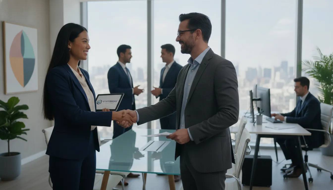 Two business professionals shaking hands representing a successful staffing agency client partnership