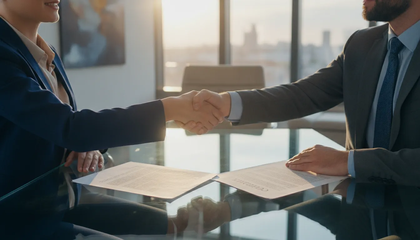 Two business professionals shaking hands over a staffing agreement contract on a desk