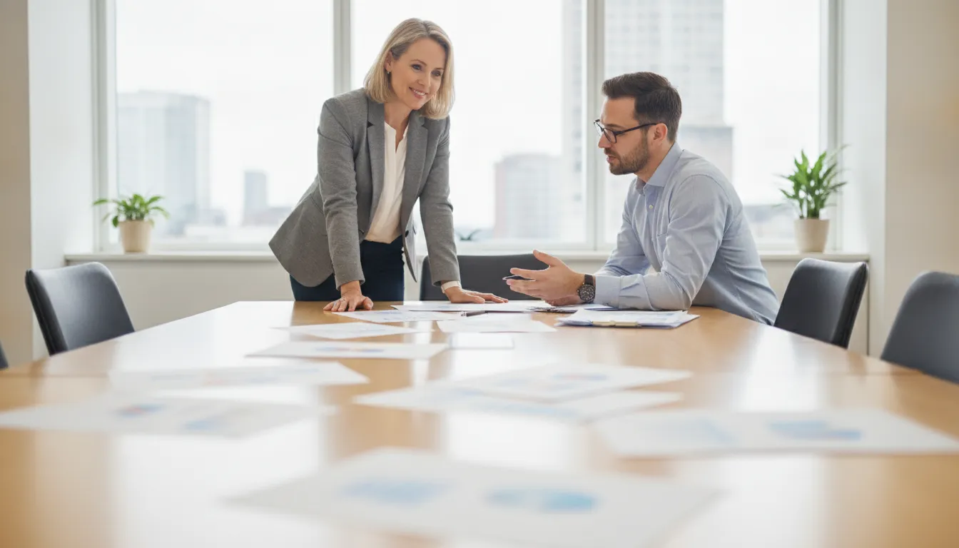 Staffing agency owner reviewing client credit risk with a back-office partner