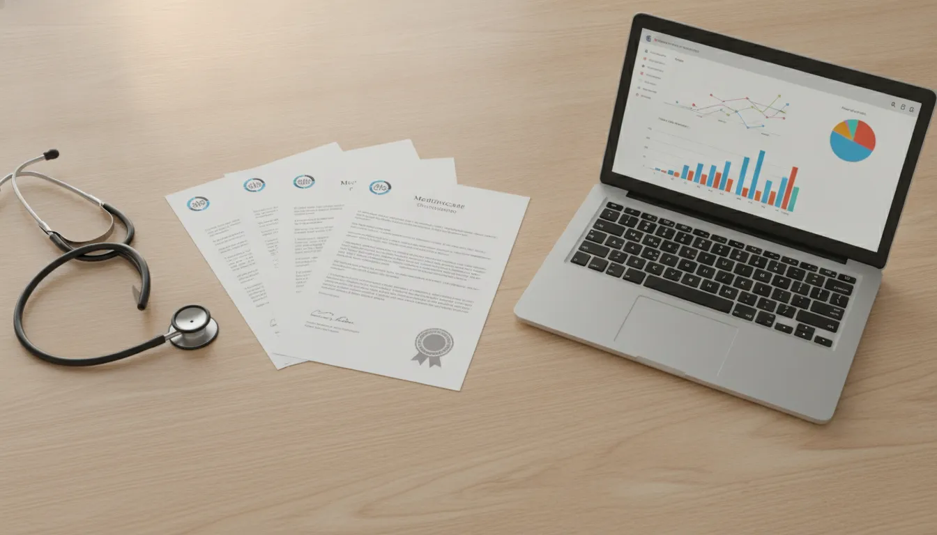 Medical credential documents and stethoscope on a desk representing healthcare staffing compliance paperwork
