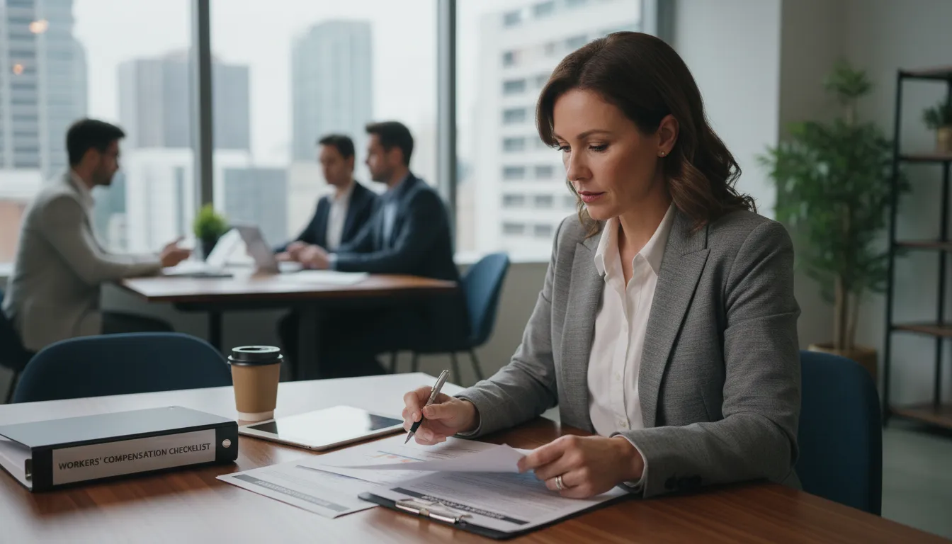 Staffing agency owner reviewing workers compensation and risk controls with an advisor