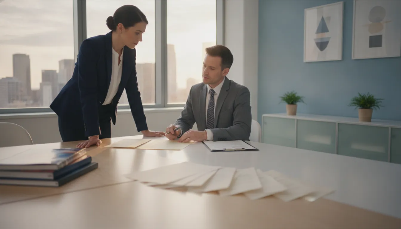 Staffing firm owner and back-office advisor reviewing contracts and insurance documents at a clean modern desk