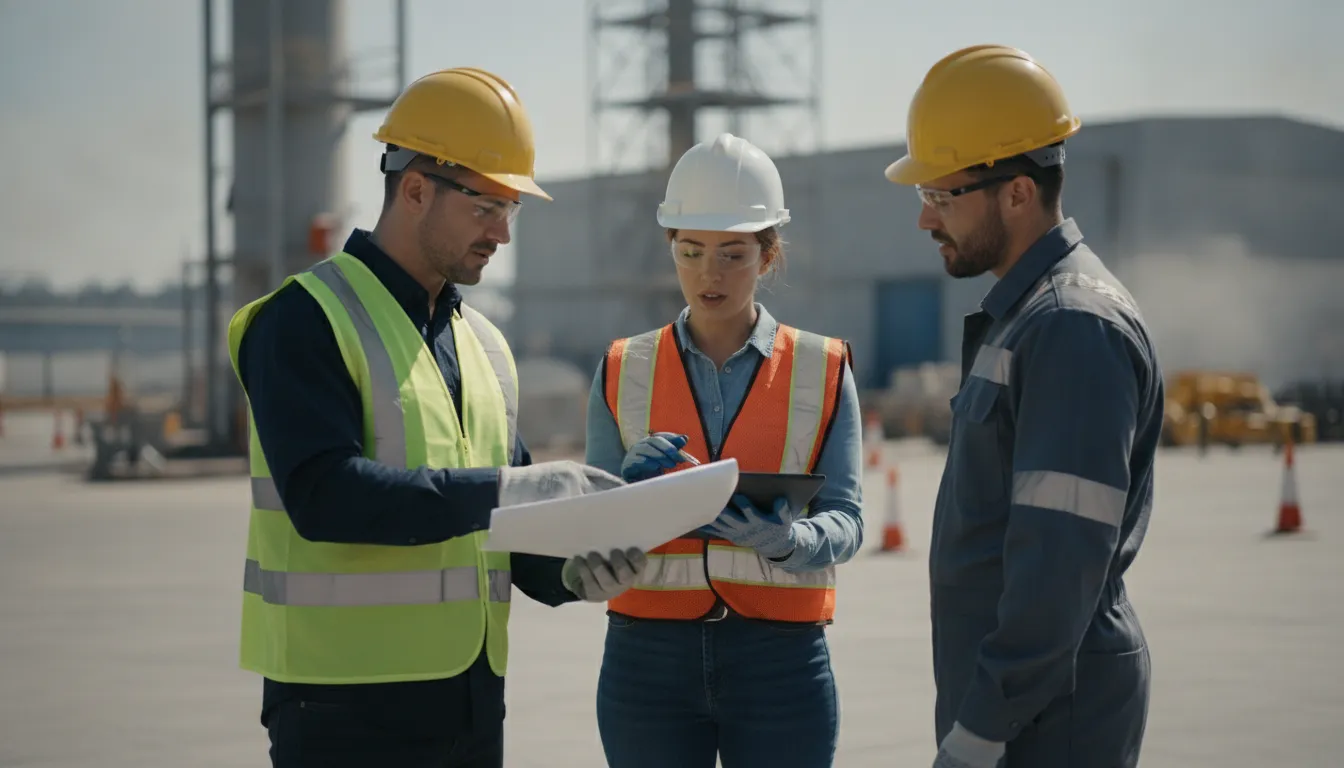 Safety coordinator and staffing professional reviewing temporary worker safety expectations at an industrial worksite