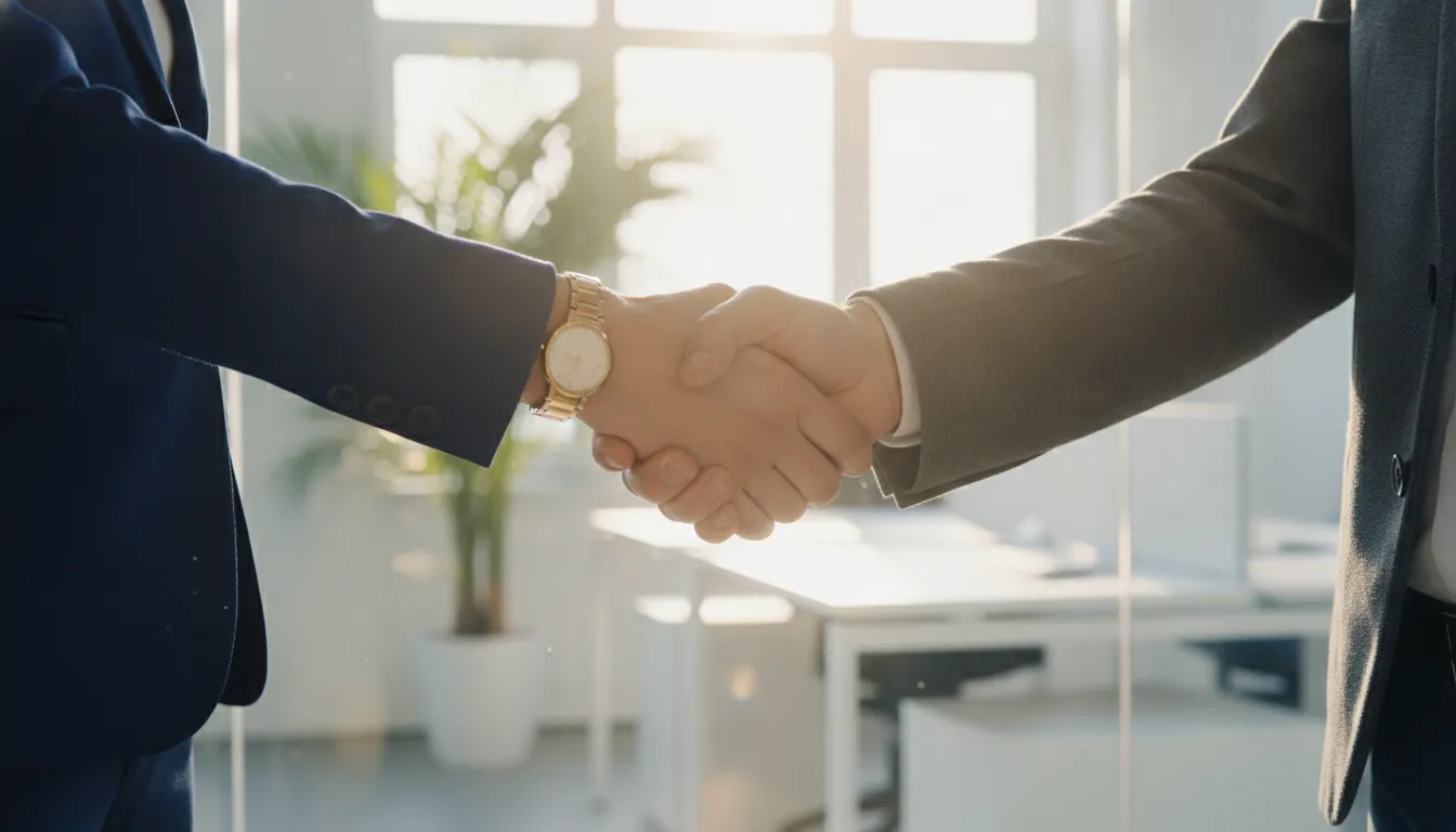 Business handshake between a staffing agency owner and hospital administrator in a professional office setting