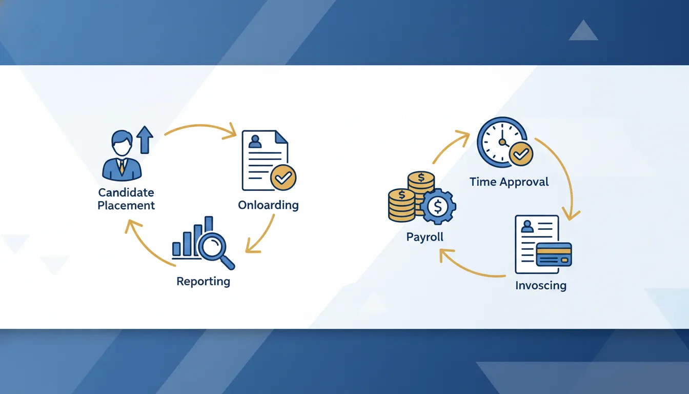 Staffing agency workflow from placement through payroll, billing, and reporting