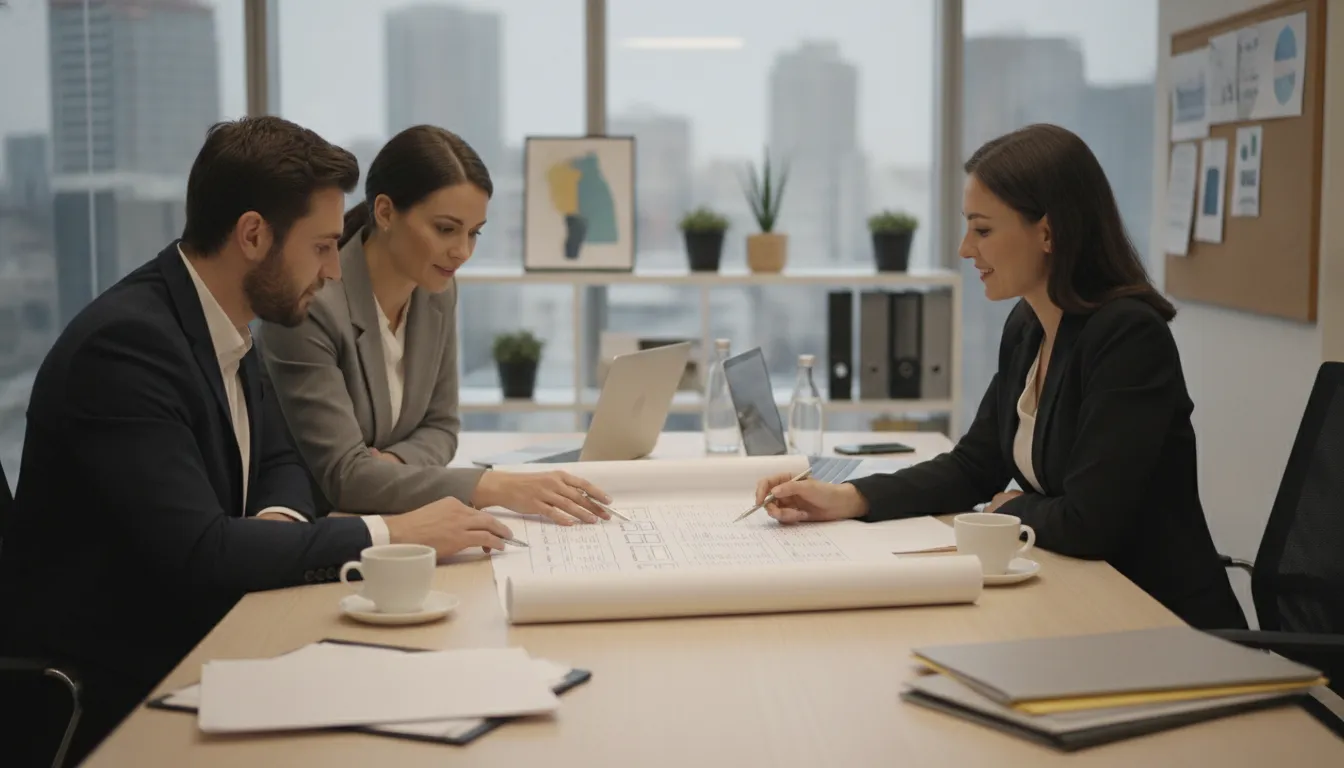 Staffing agency owners reviewing compliance and onboarding practices with a business advisor in a modern office