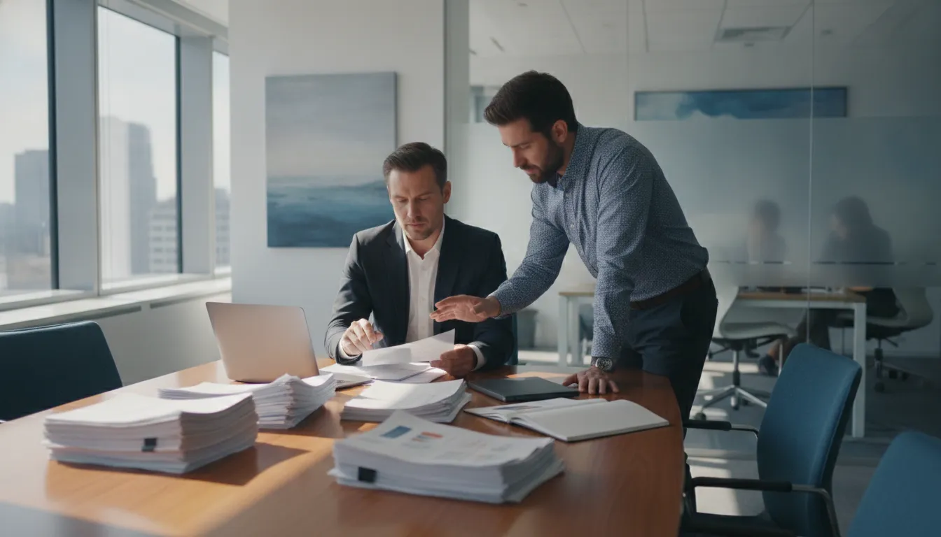 Staffing firm owners reviewing payroll statements with a back-office advisor