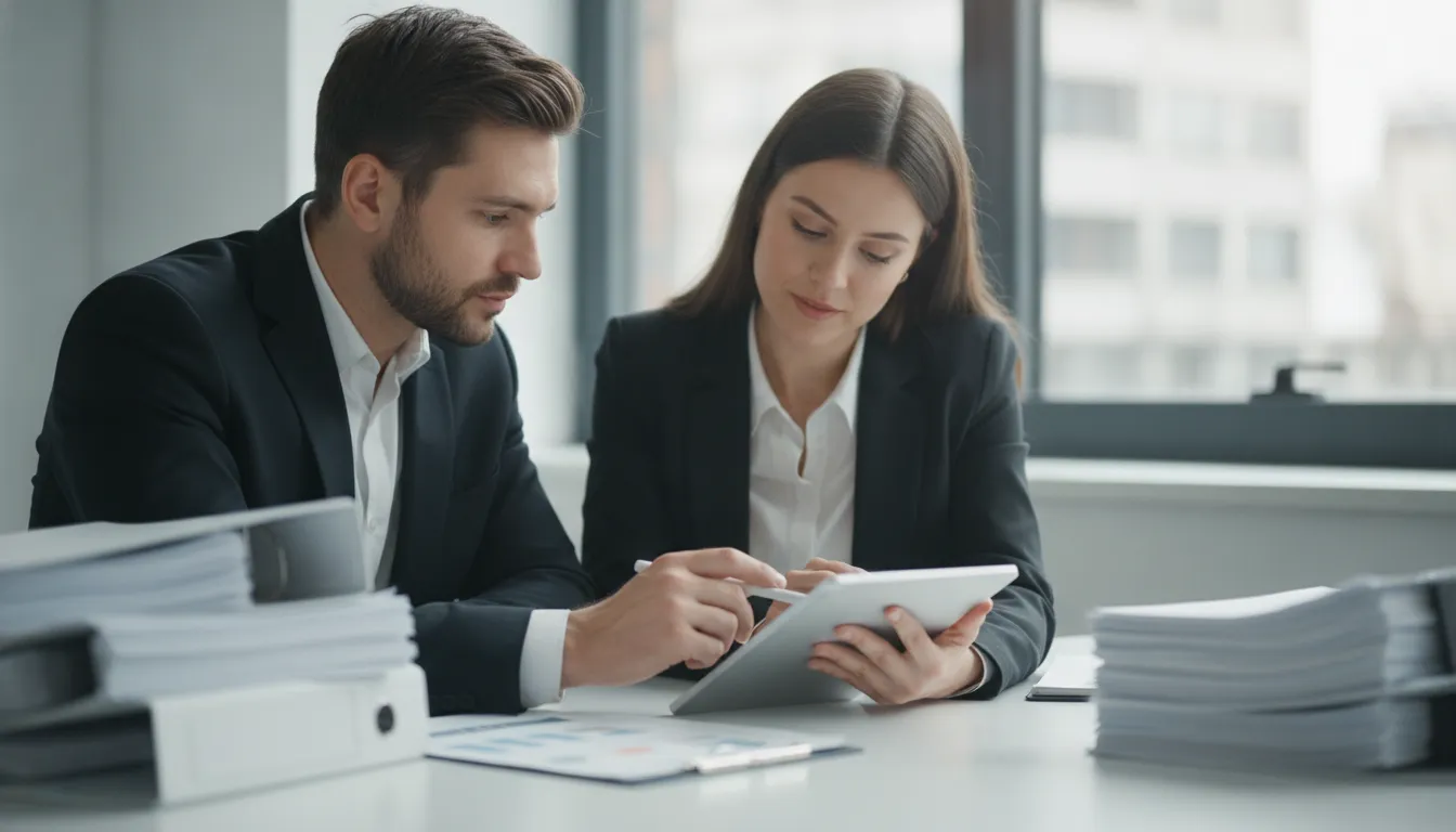Staffing compliance specialist reviewing multi-state payroll and tax requirements with an agency owner