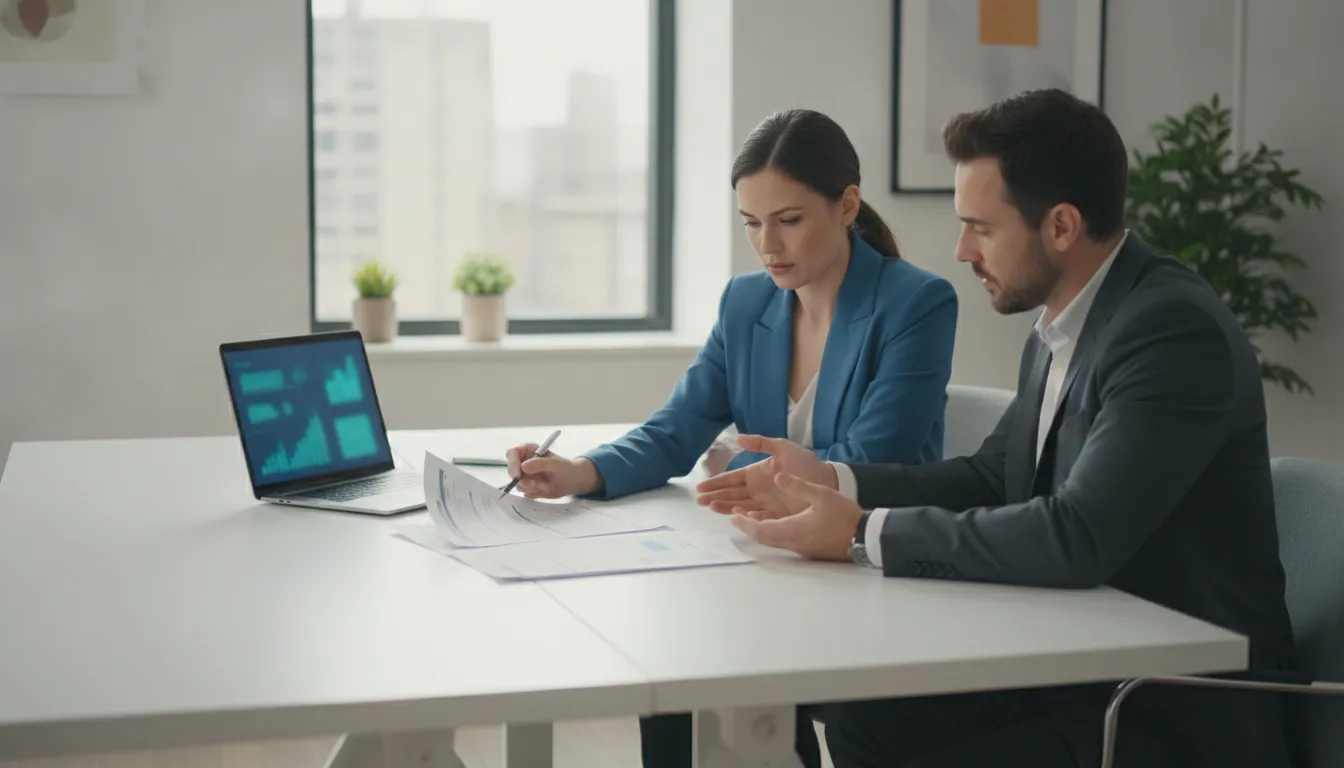 Payroll specialist reviewing temp agency timesheets alongside a staffing firm owner