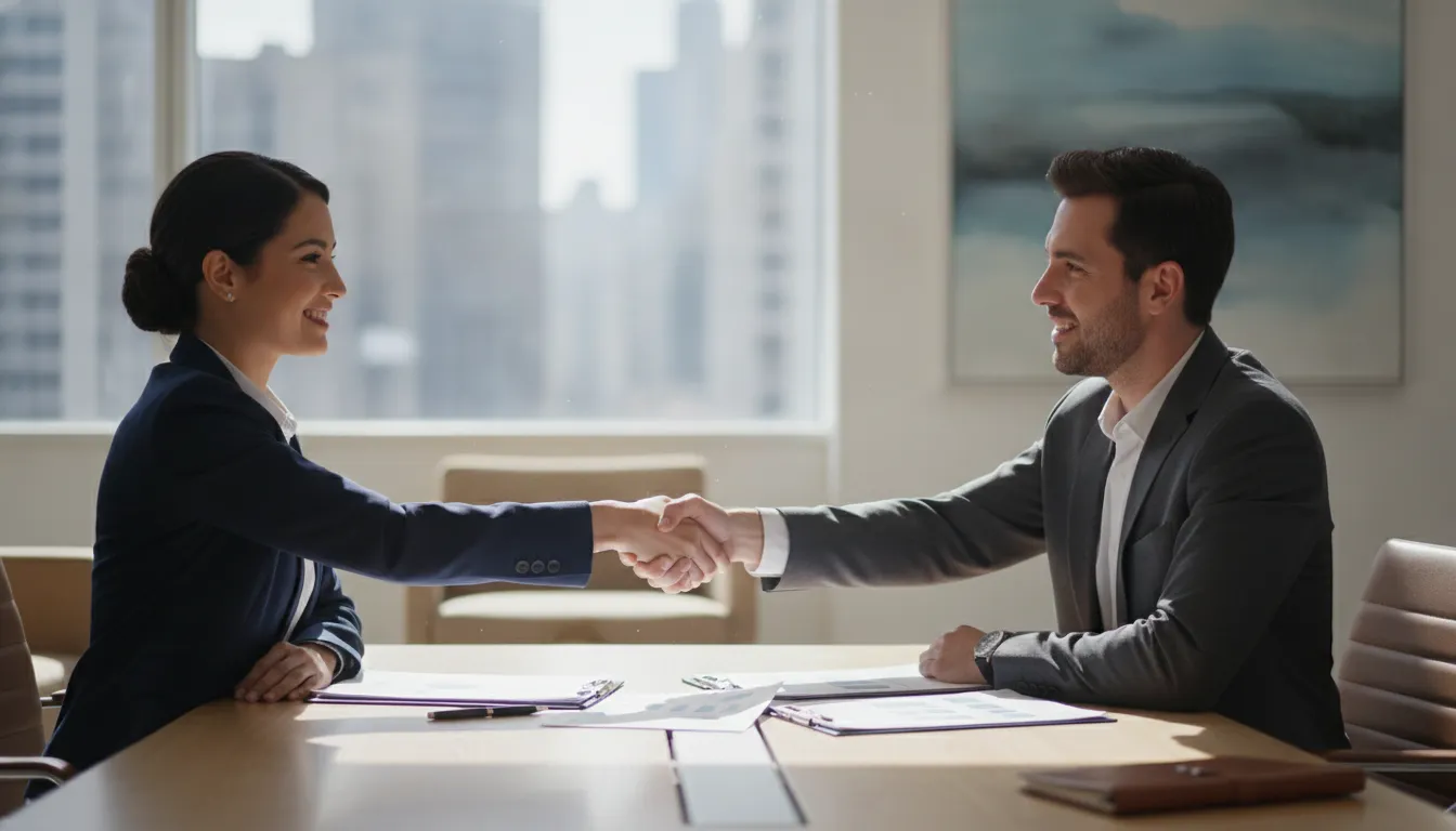 Business owner and advisor finalizing a workers compensation plan for a staffing firm
