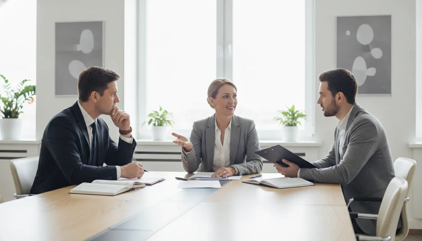 Staffing agency owner connecting a client with a qualified worker