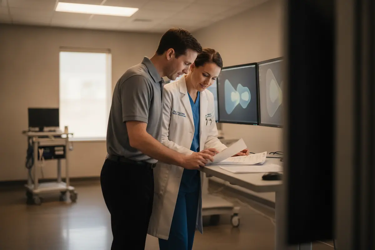 Clinical and IT team reviewing a radiology workflow checklist beside imaging workstations