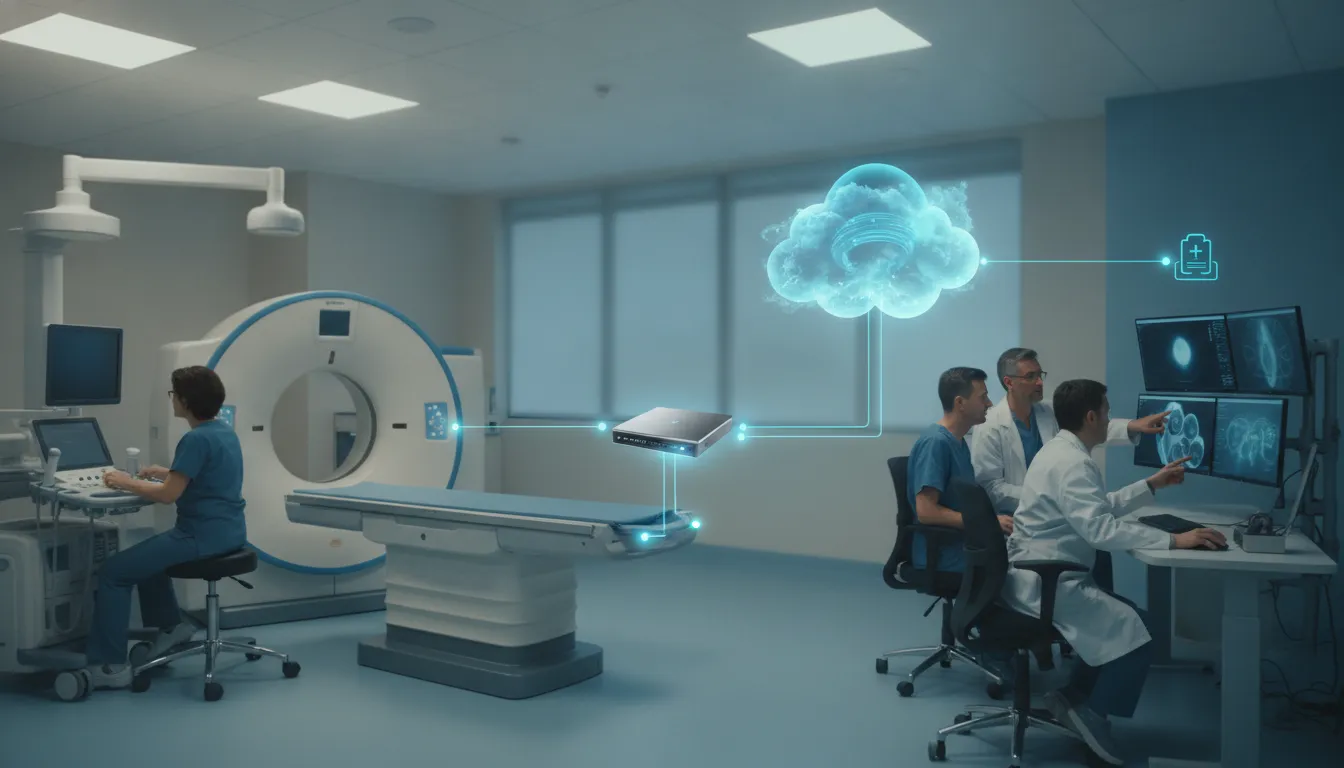 Cloud based medical imaging architecture connecting a CT scanner, DICOM gateway, cloud PACS, and clinical viewers