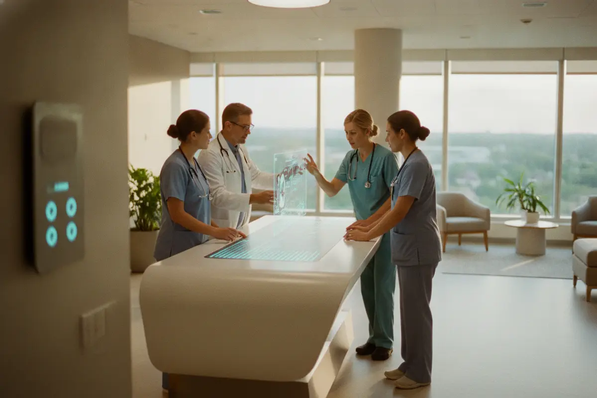 Hospital care team reviewing virtual nursing workflow and secure room communication equipment
