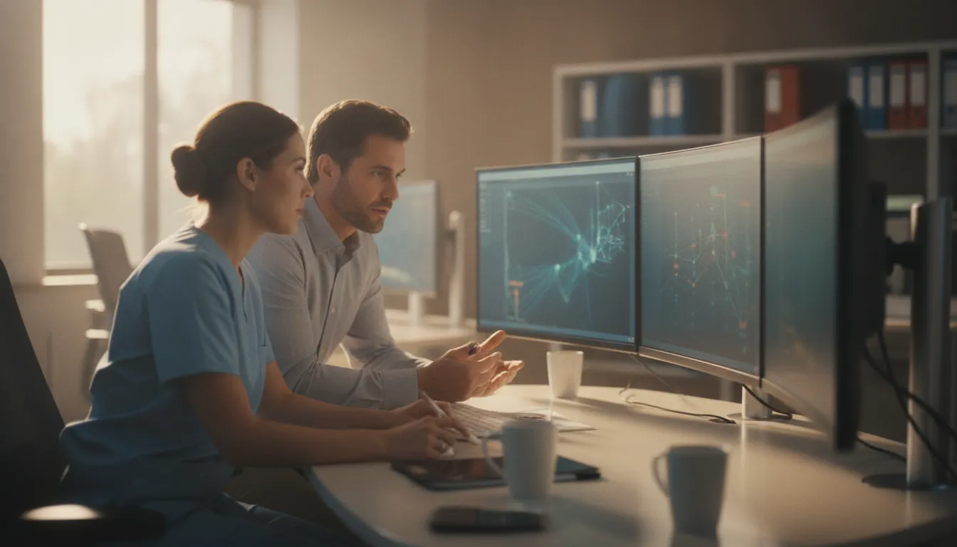 Radiologist and IT security specialist reviewing patient-data feeds together to maintain healthcare cybersecurity compliance