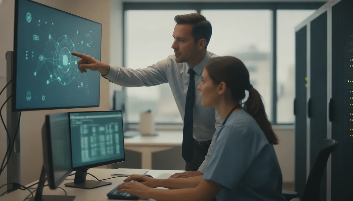 Hospital IT security administrator reviewing a secure medical records workstation with a clinical colleague