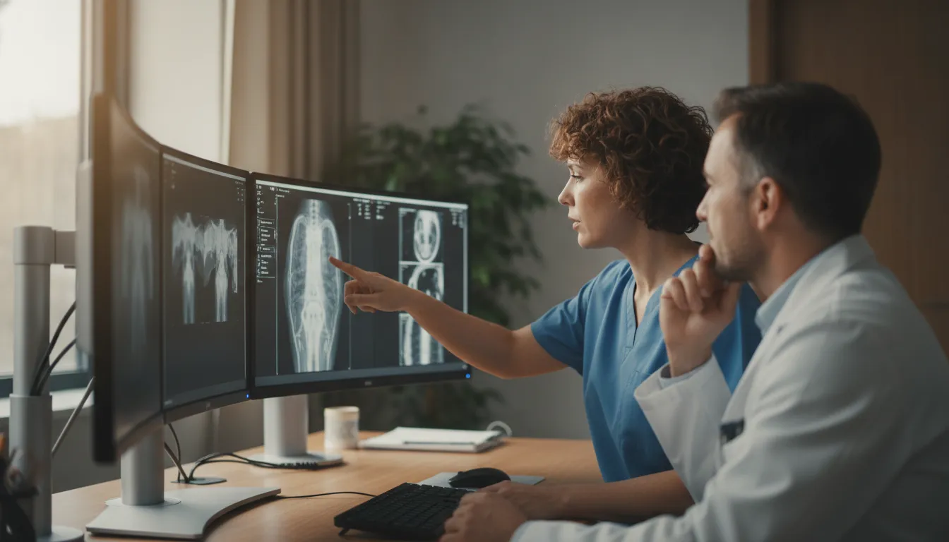Radiologist and clinician reviewing a secure medical imaging workstation in a hospital