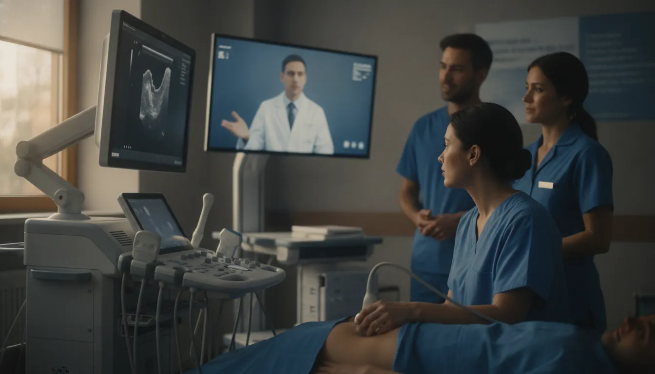 Imaging technologist collaborating with a remote specialist during a telemedicine ultrasound exam