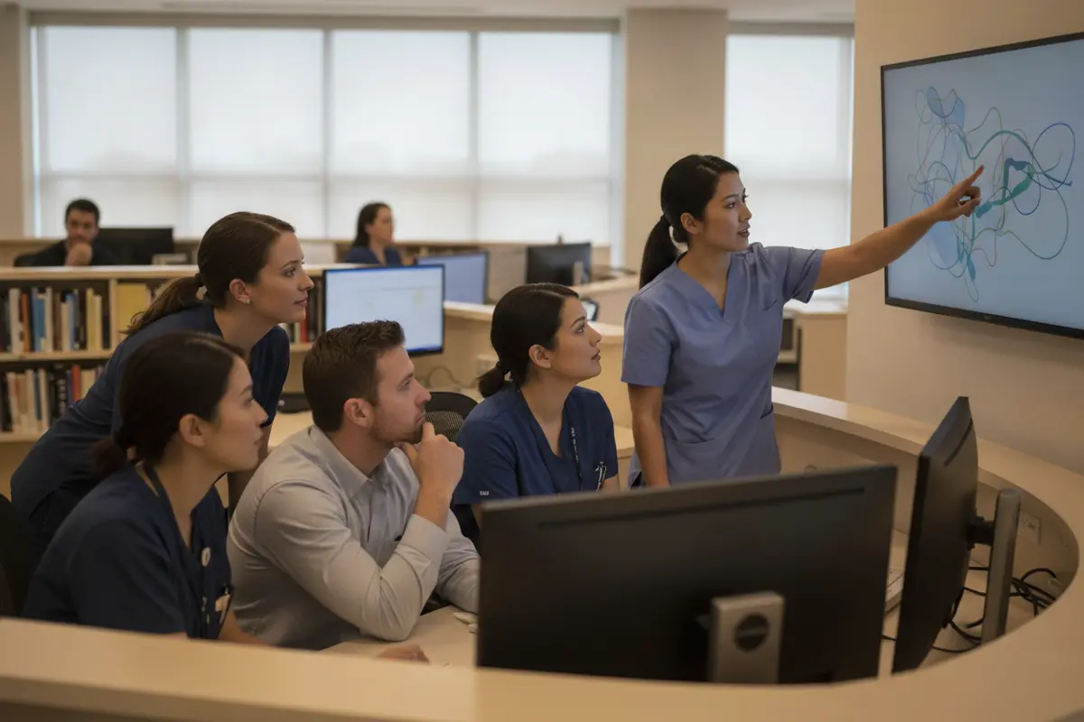 Radiology staff mapping handoffs between an imaging order, modality, PACS, and reporting workflow