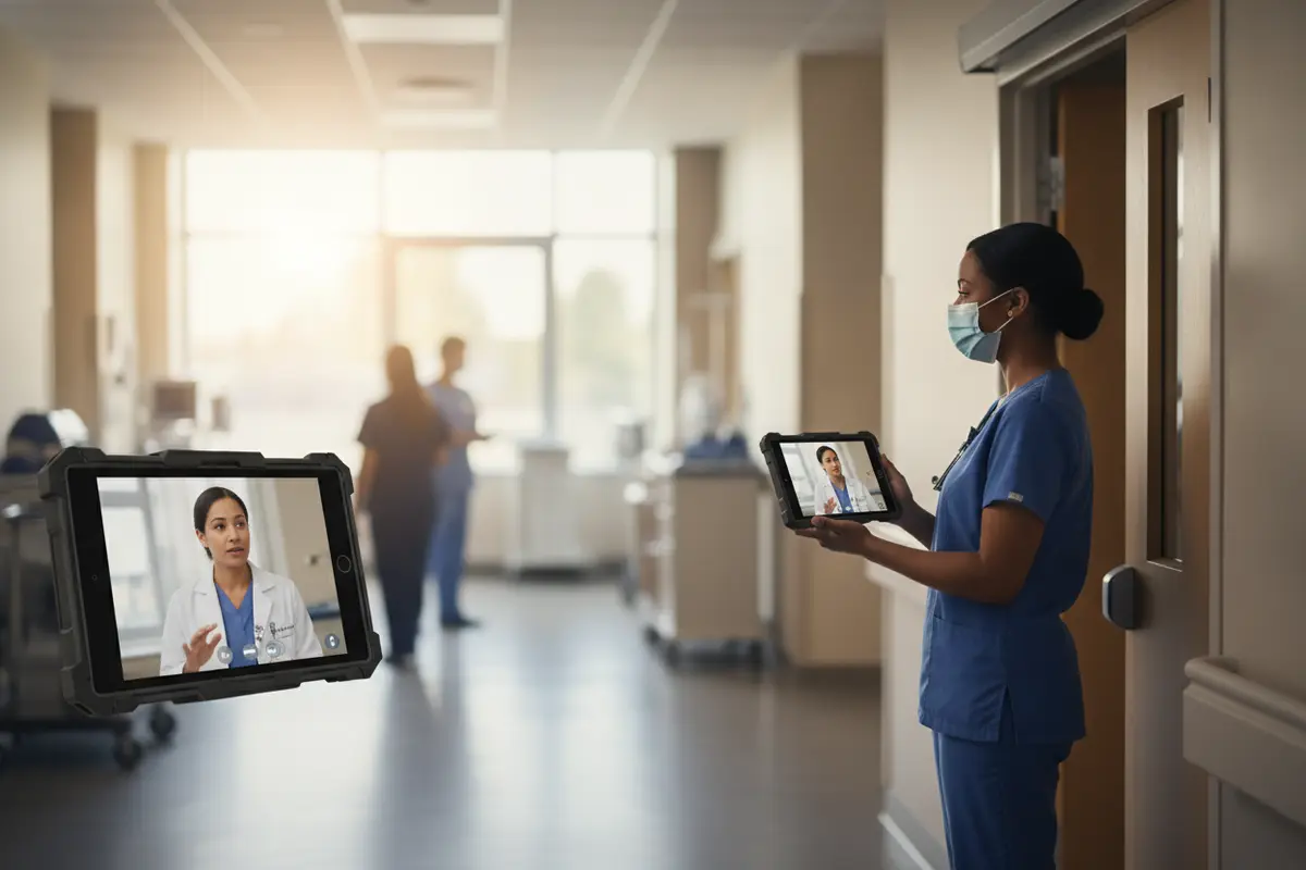 Remote nurse coordinating a scheduled video check-in with bedside hospital staff