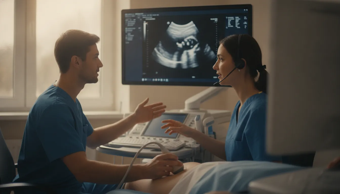 Radiologist and sonographer collaborating during a secure live ultrasound session