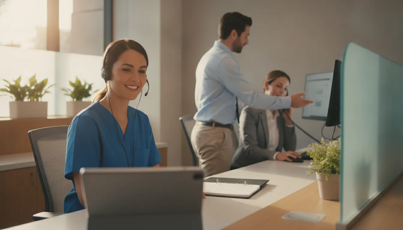 Clinician and billing specialists coordinating a virtual care workflow