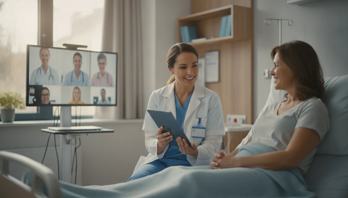 Nurse supporting a patient while a remote care team joins a hospital telehealth session