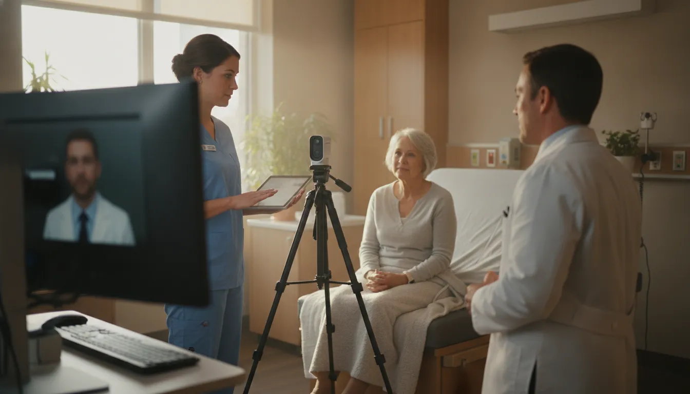 Hospital clinicians collaborating during a virtual urgent care consultation