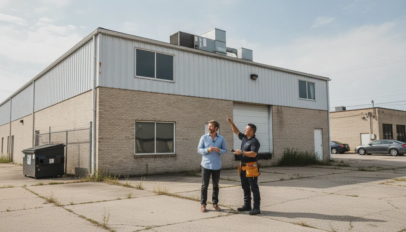 Investor and inspector reviewing a commercial property for due diligence