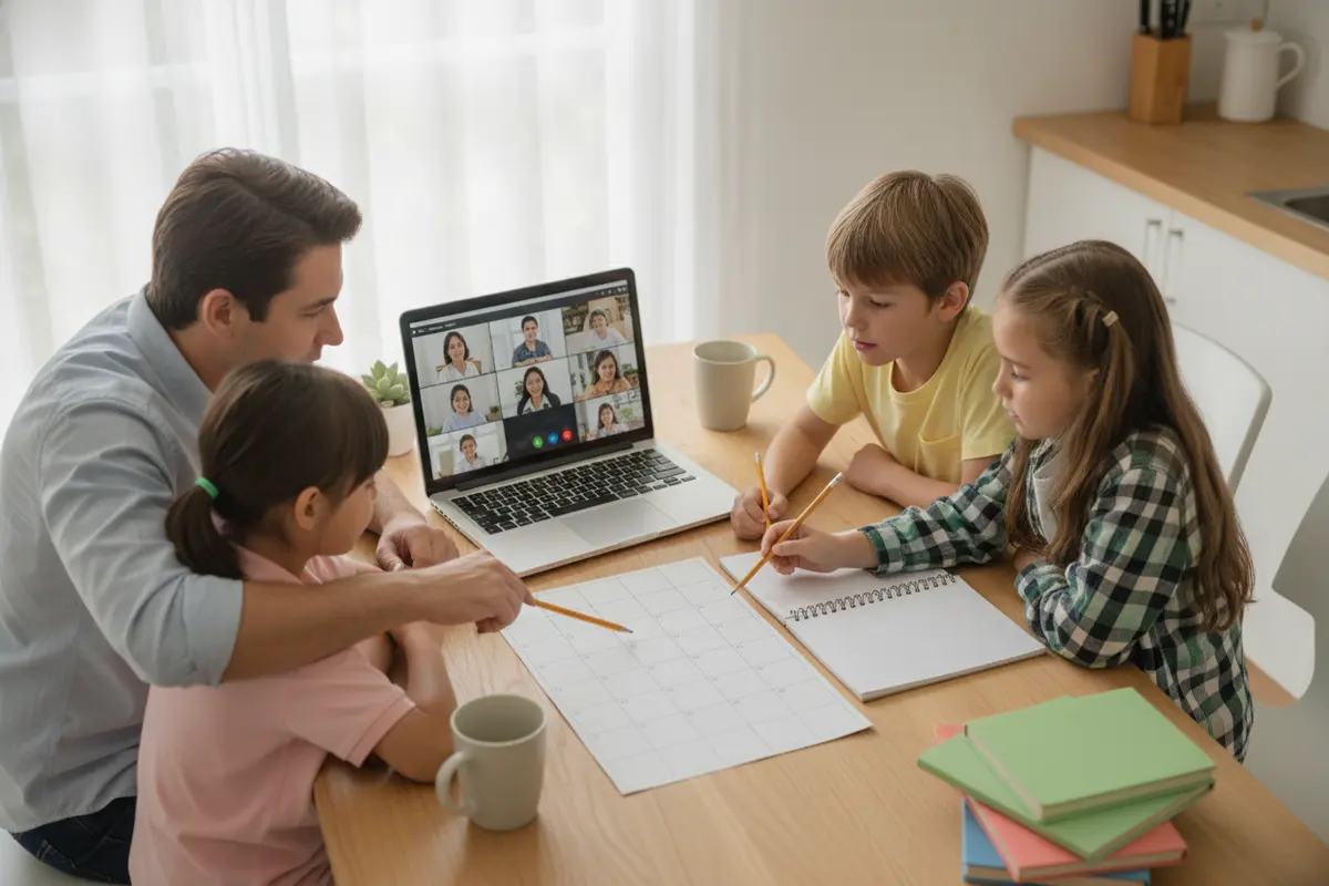 Family comparing an online high school schedule with academic records