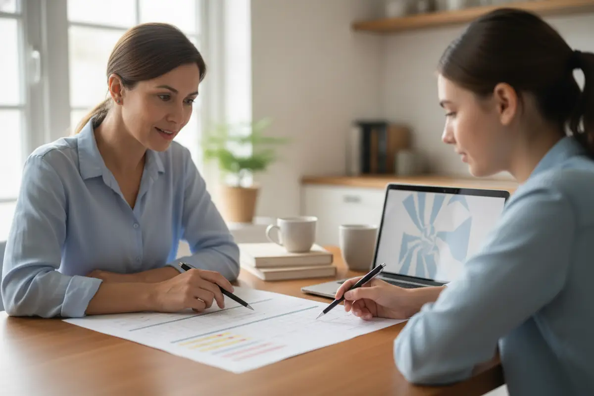 A parent and student review course and credit questions together.