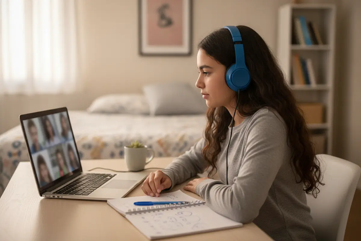 A teenager joins a live virtual Spanish class from a home study desk.