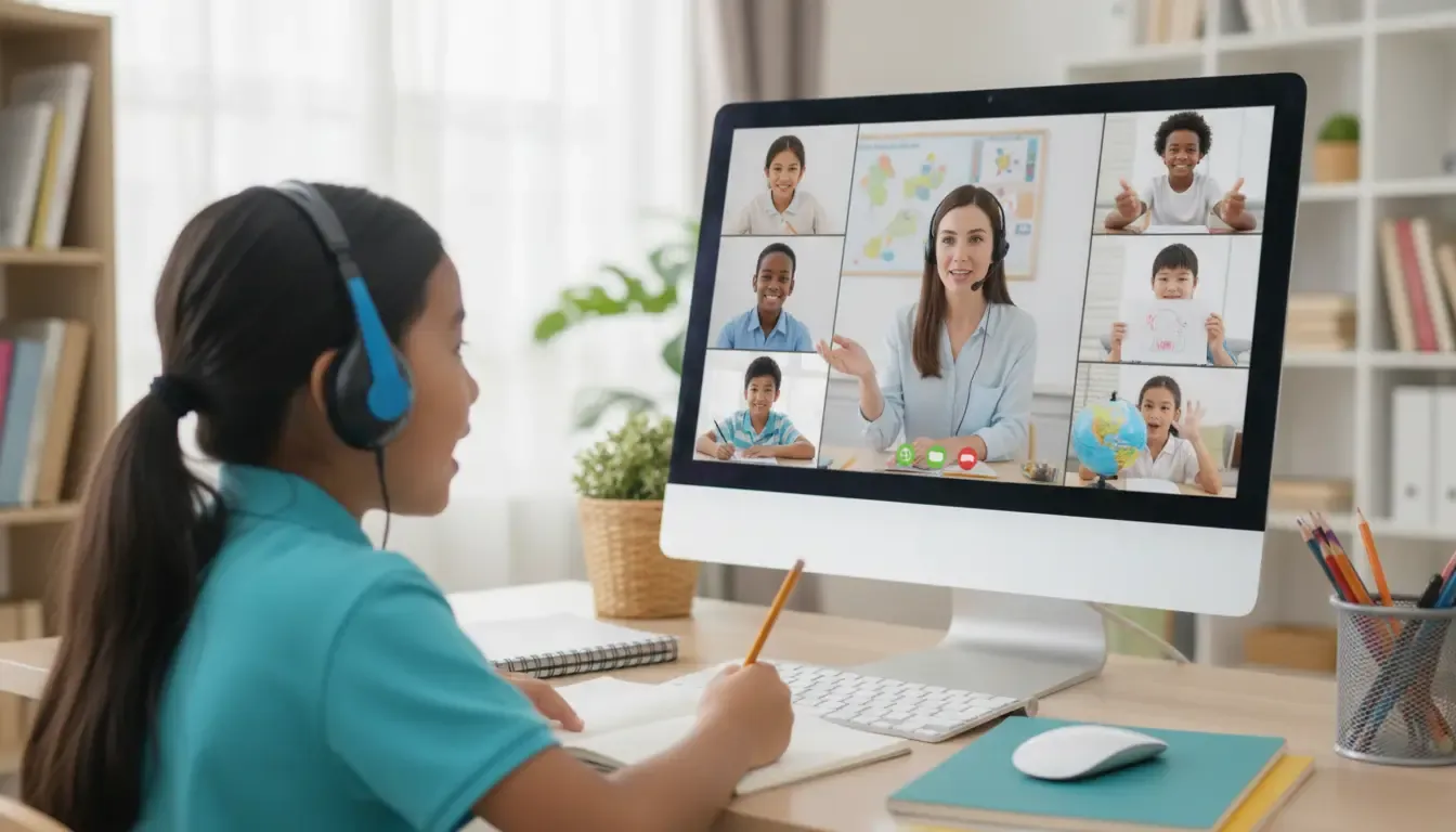 Estudiante participa en una clase bilingue en linea con instruccion en vivo