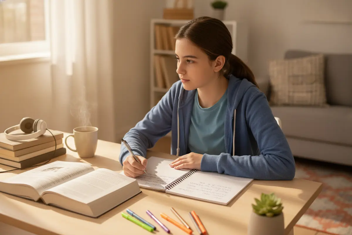 Bilingual student reviewing English and Spanish study materials at a desk