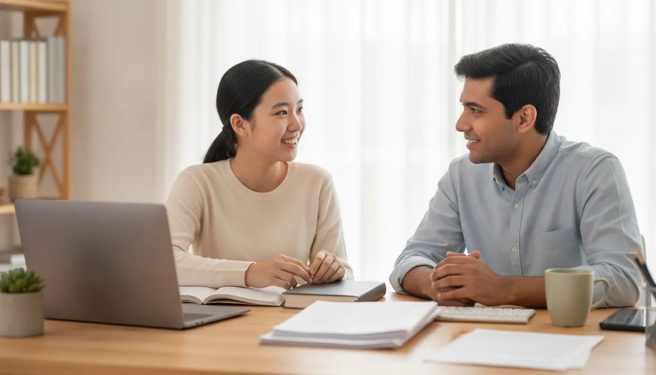 Parent and counselor discussing an online high school learning plan