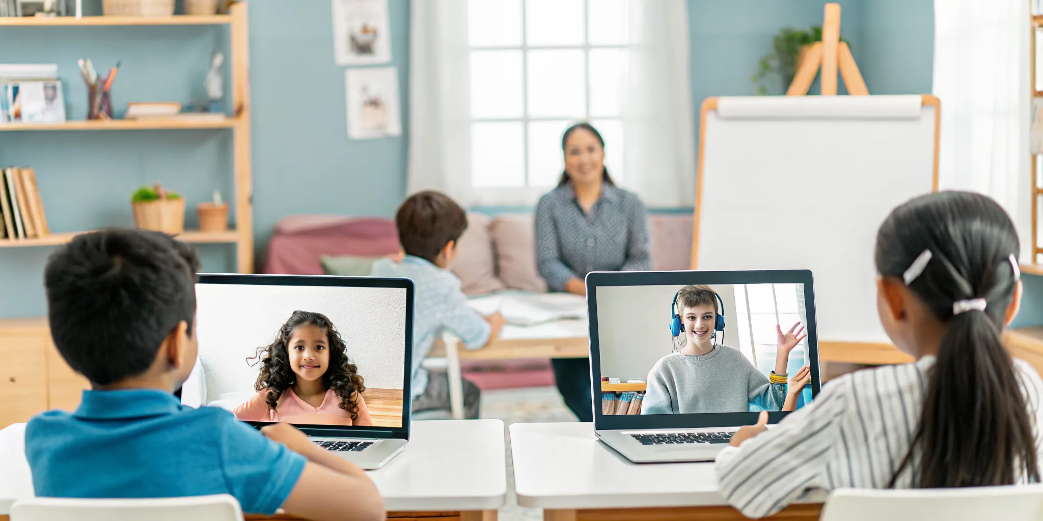 Students participating in an online dual language immersion lesson