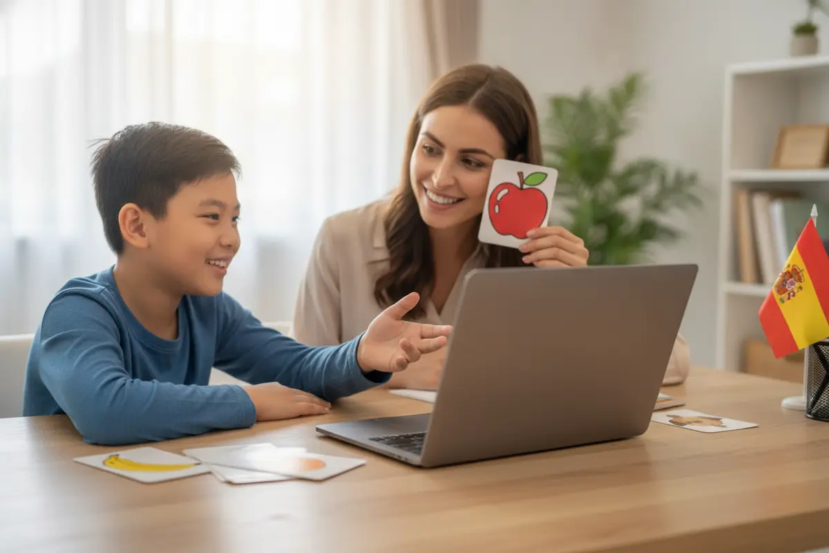 Elementary student speaking Spanish during a live online lesson