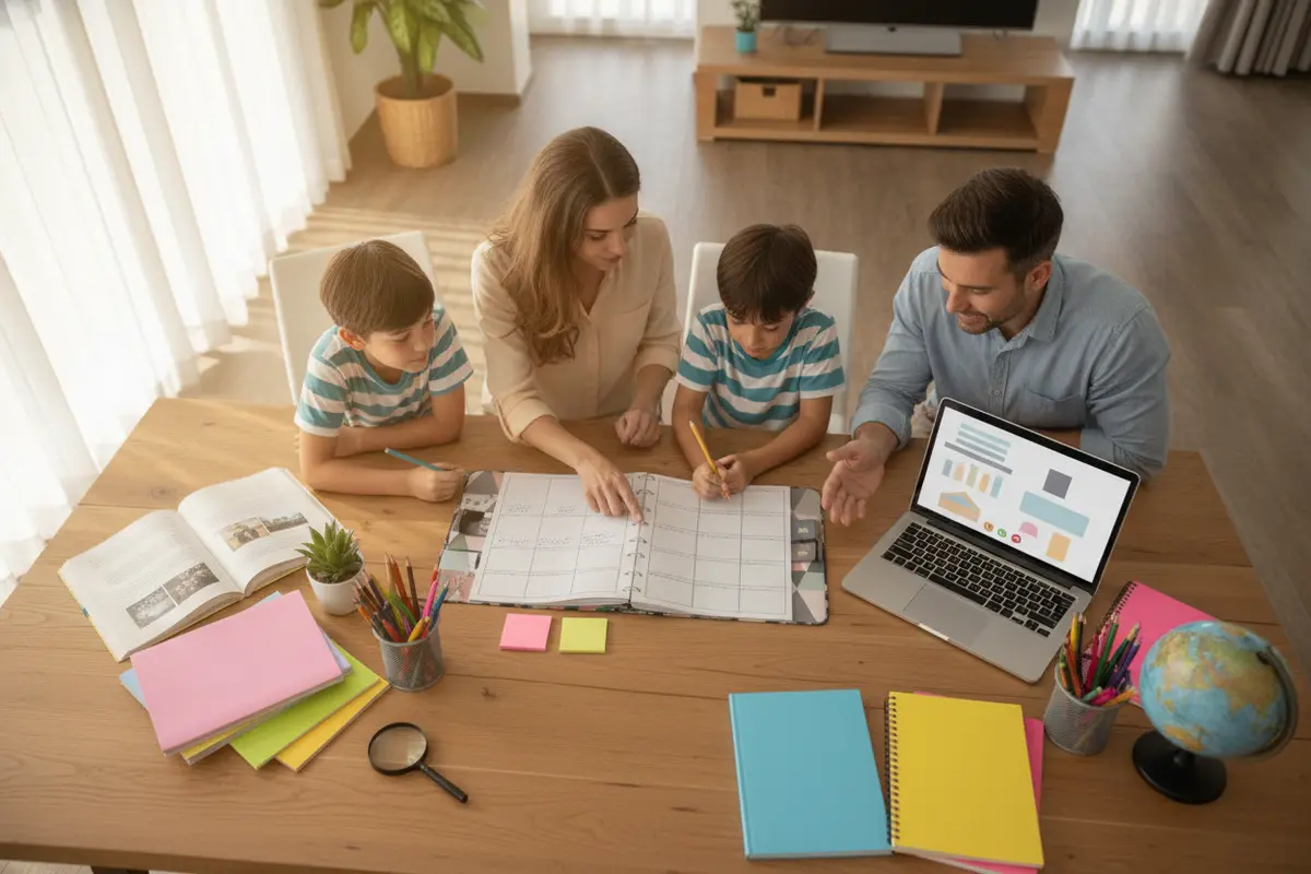 Family planning a weekly online study schedule at home