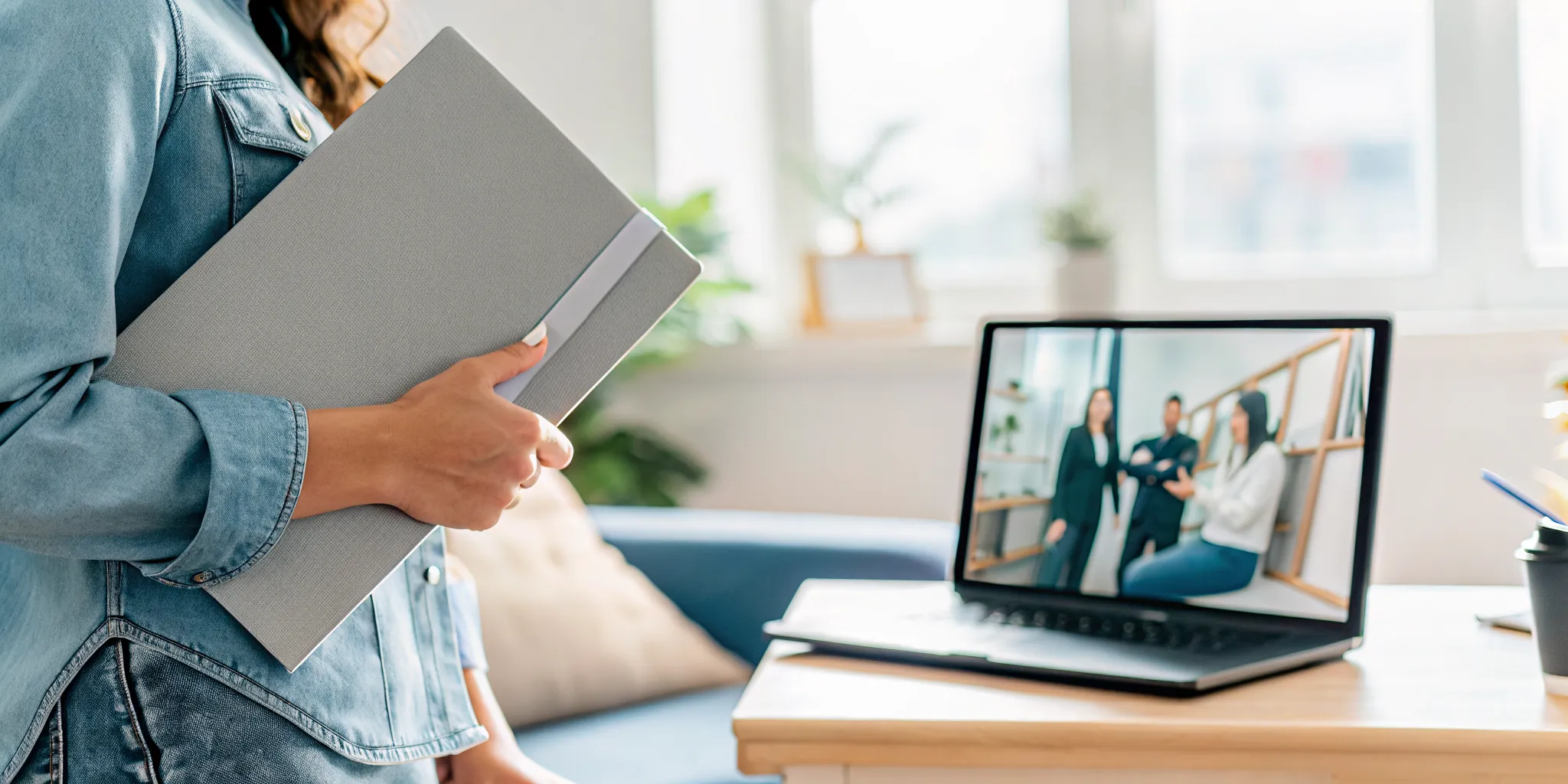 Student holding a secondary graduation folder with virtual online graduation ceremony