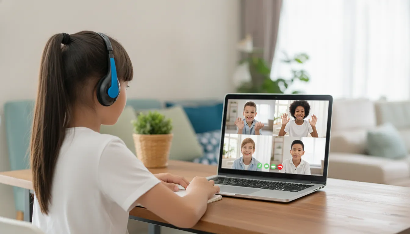 A student in headphones joins a small live video class with classmates