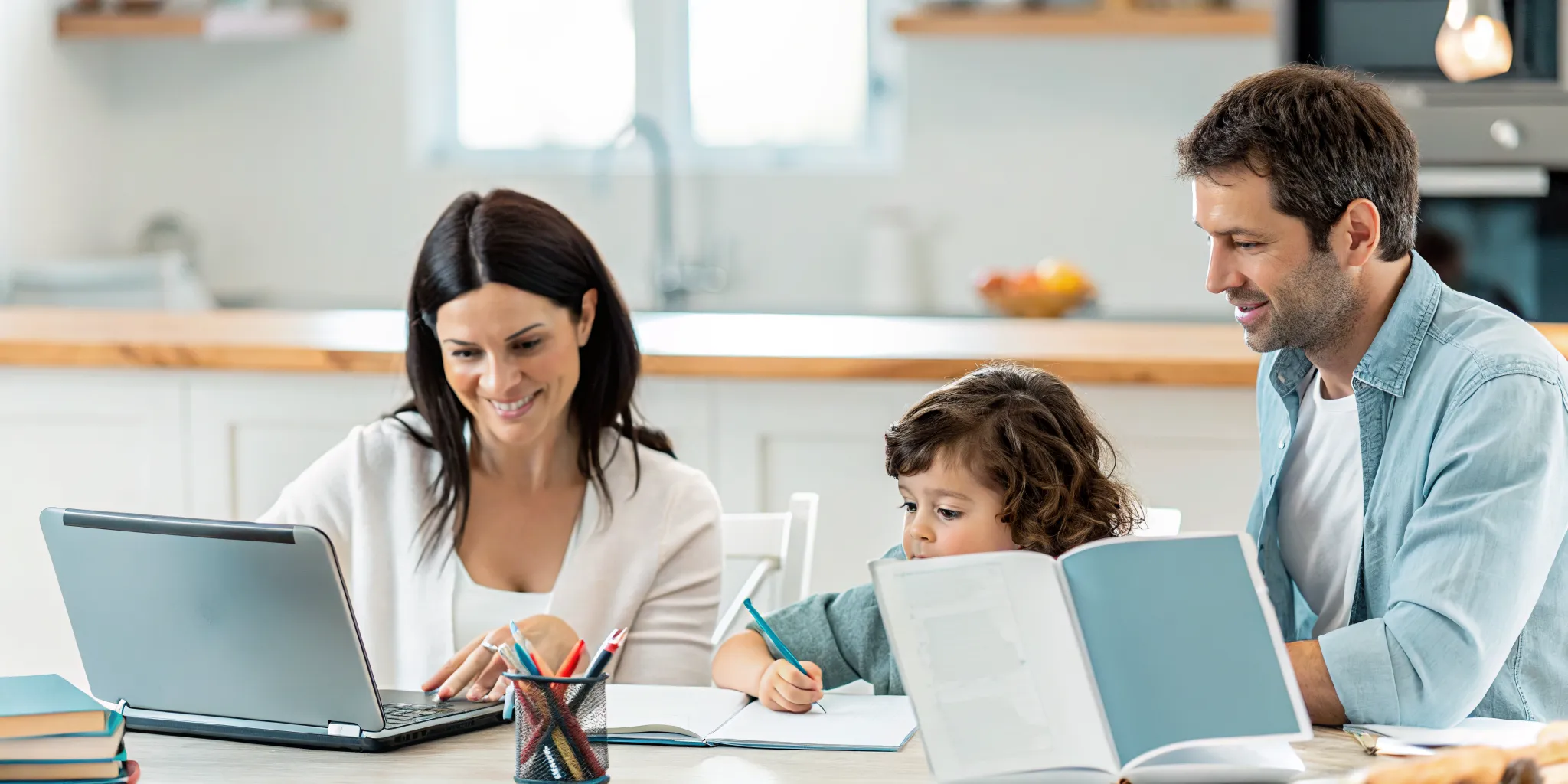 A New York family working together on homeschool paperwork and planning documents on a kitchen table with a laptop