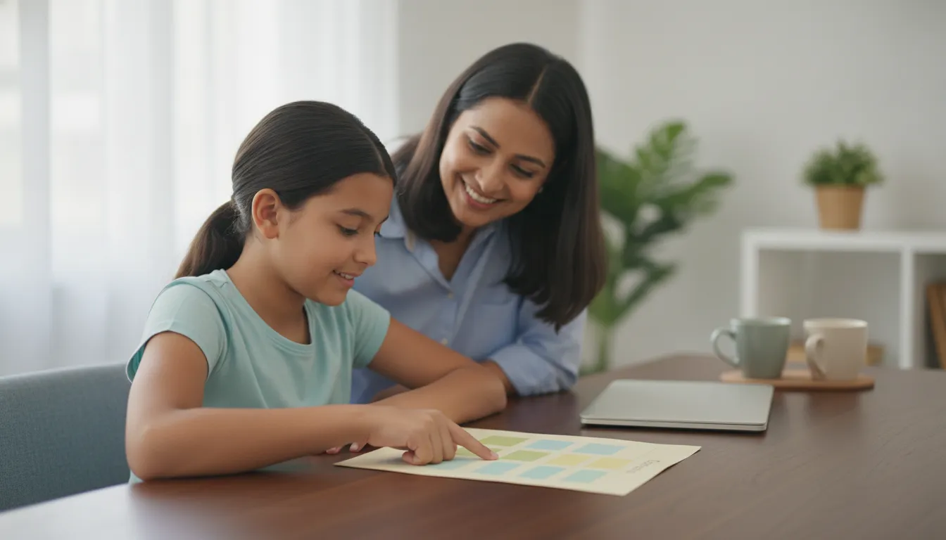 A parent and student review a weekly class schedule at the dining table