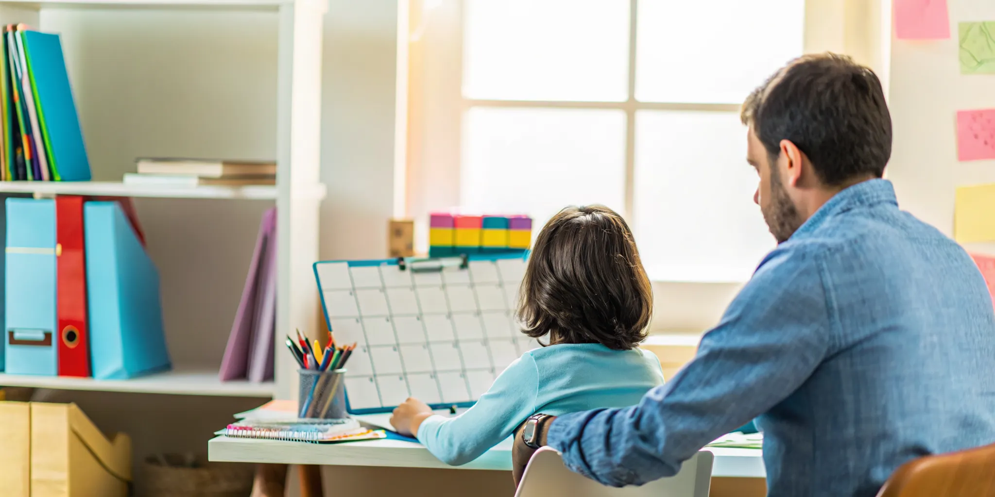 A parent reviewing homeschool quarterly reports and assessment materials alongside a student at a home desk