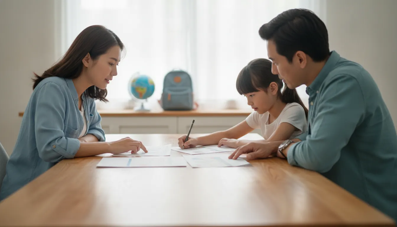 Parent reviewing online school enrollment requirements with a student