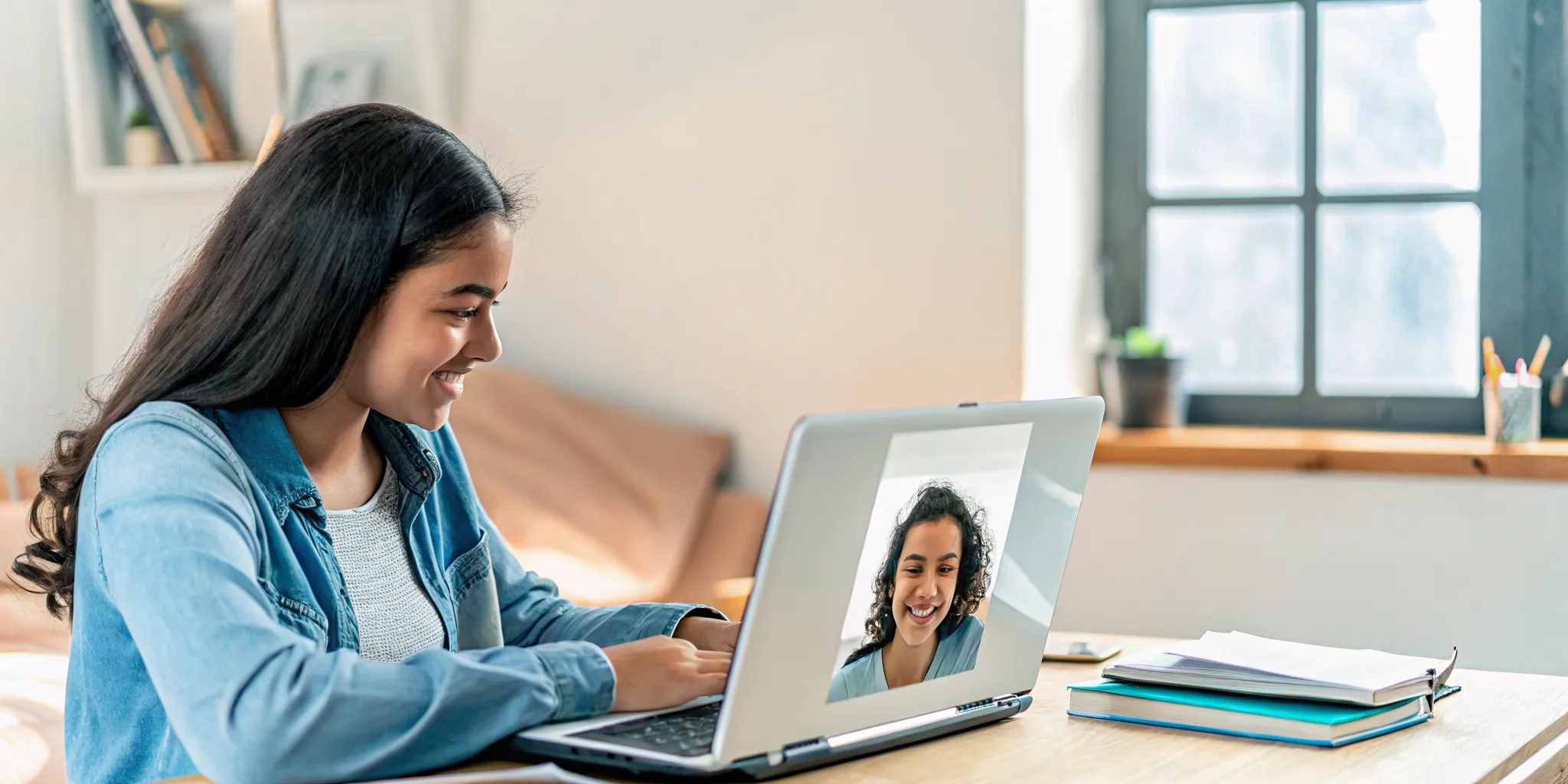 Student attending a live bilingual online school class