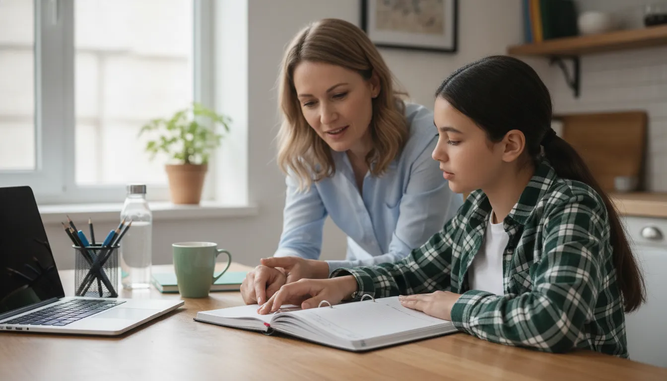 Family discussing an online bilingual high school option together