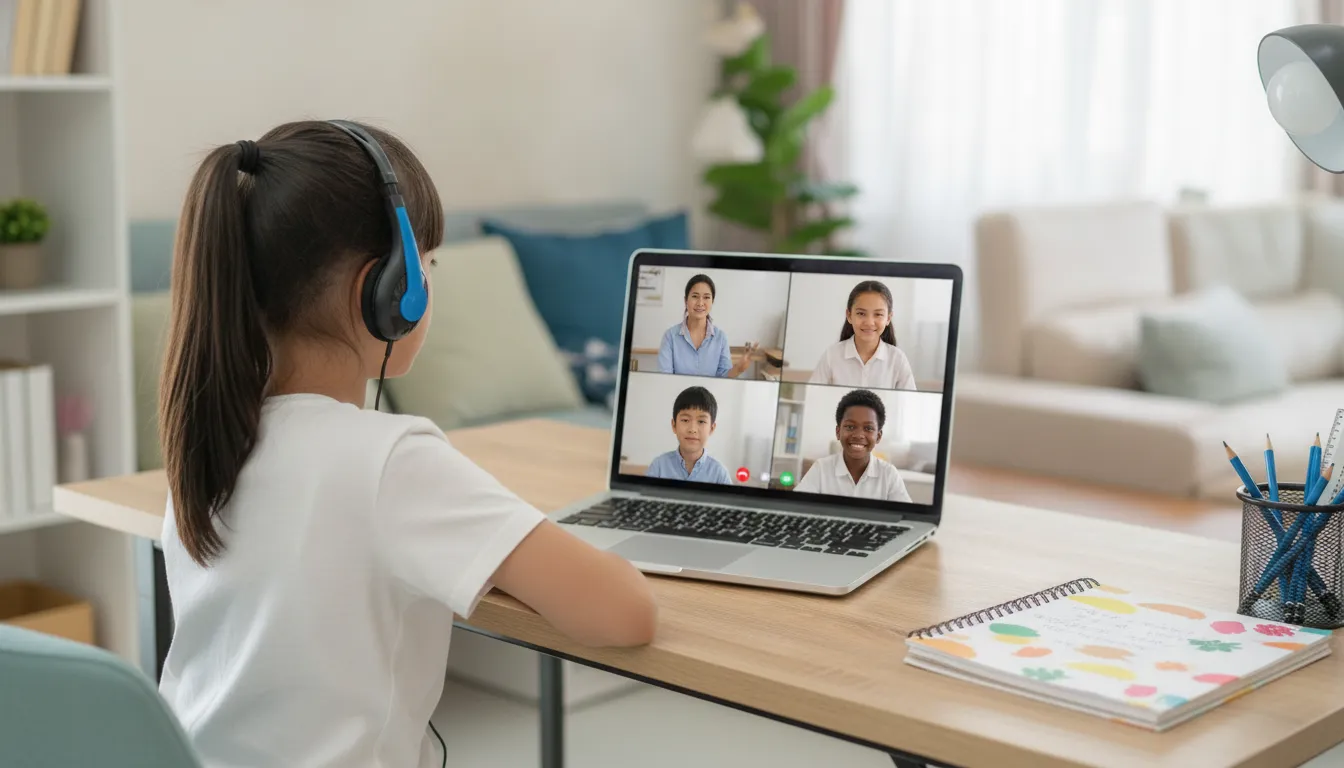 Student in a live online class with a teacher and classmates on screen