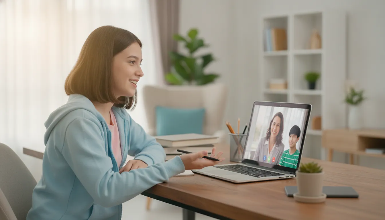 A high school student attends a live Spanish lesson at a laptop from a quiet study space at home.